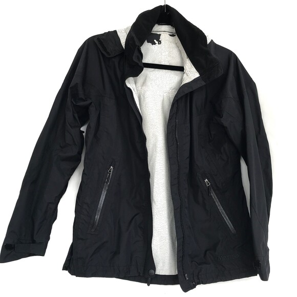 Marmot Jackets & Blazers - SOLD!!  Marmot Small Membrain Black Hooded Jacket Zipper Pockets Damaged Lining